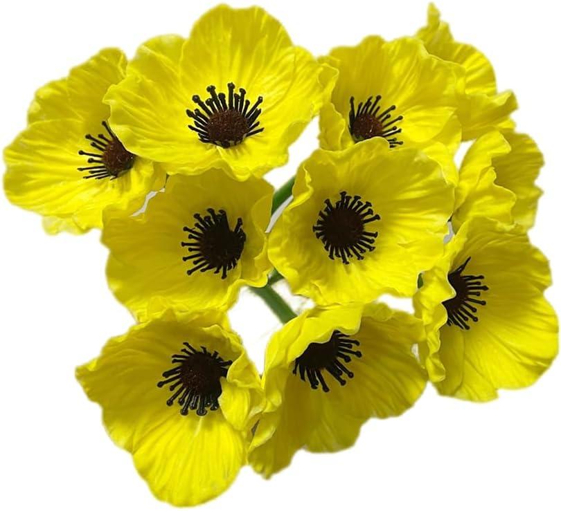 Rikyo 10 Stem 11inch Bouquets Artificial Flowers Poppy Flowers,Faux Anemone PU Fake Wild Flowers for Kitchen Table Centerpiece Vase,Home Wedding Holding Flowers Backdrop Arch Wall (Yellow)