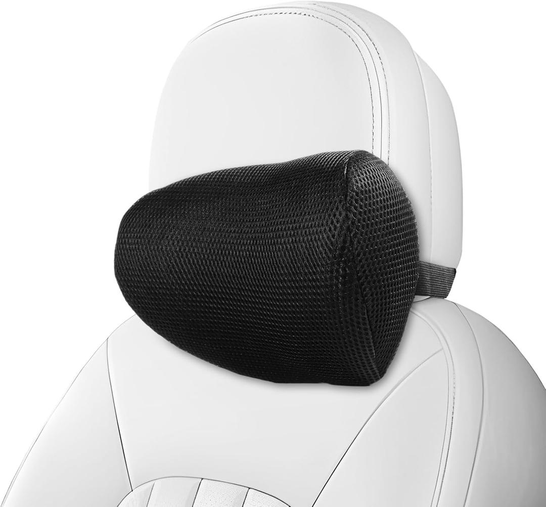Car Neck Pillow, Memory Foam Car Headrest Pillow for Driving with Adjustable Strap, Softness Breathable Removable Mesh Cover, Ergonomic Design for Office Chair, Driving, Black