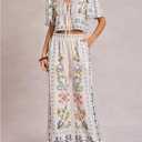 WDIRARA Women's Boho Floral 2 Piece Palazzo Pants Set Short Sleeve Blouse (Pink, XL)