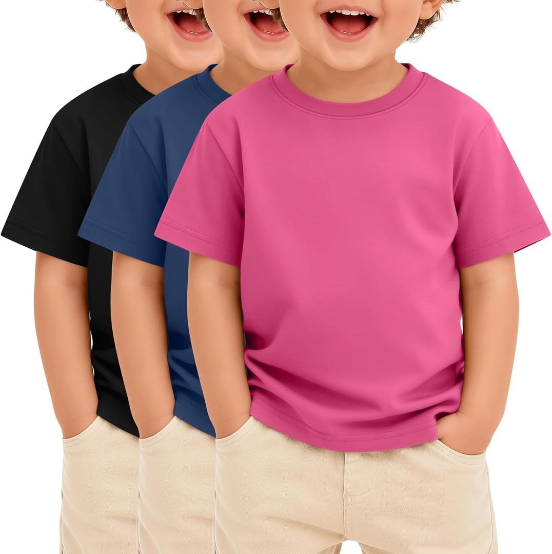 3 Pack Toddler Boys Shirts | Short Sleeve, Loose Fit Tees, Basic Crew Neck, Baggy, Summer, Plain, Soft Tops, Casual, Lightweight, Breathable