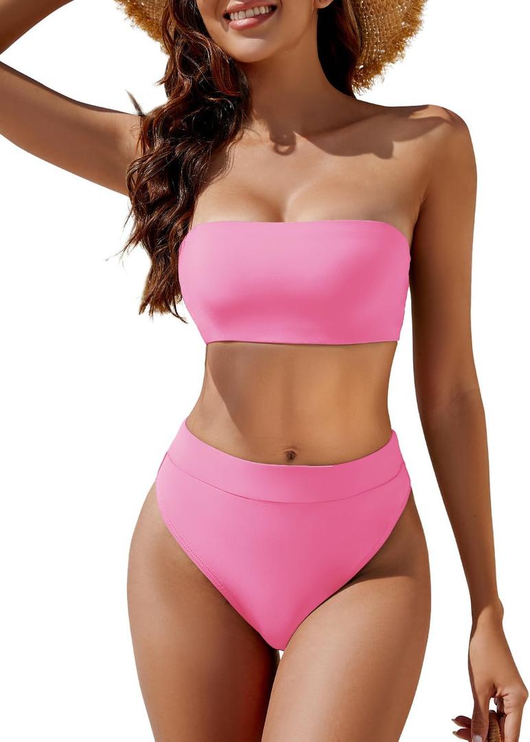 YACUN Women's High Waisted Bikini Swimsuit Two Piece Strapless Bandeau Cheeky Bathing Suits (Pink, S)