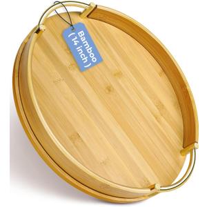 JUPELI 14 Round Bamboo Serving Tray with Handles Decorative Tray, Breakfast Tray, Coffee Table Tray, Ottoman Tray, Kitchen Platter for Drinks, Snacks, Vanity, Home Decor & Gifts
