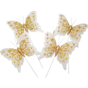 Set of 12 Glitter Monarch Feather Butterflies on Wire for Floral Arrangements and DIY Decorations (Gold)