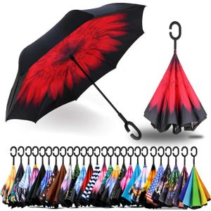 SIEPASA 49 Inch Inverted Reverse Upside Down Umbrella, Extra Large Double Canopy Vented Windproof Waterproof Stick Golf Umbrellas with C-shape Handle.