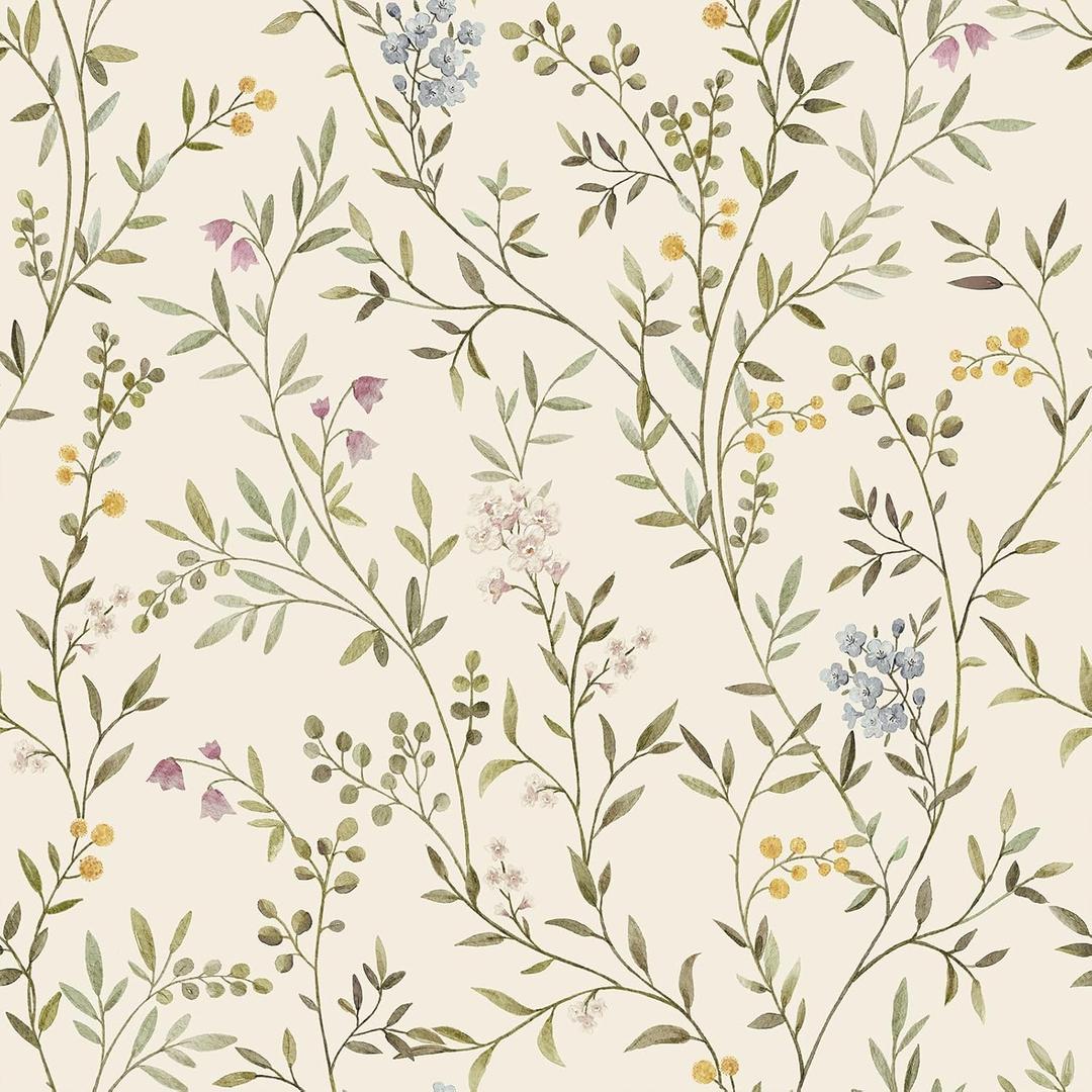 VEELIKE Retro Floral Peel and Stick Wallpaper Vintage Delicate Sprigs & Flower Wallpaper for Girls Bedroom Nursery 17.7''x354'' Removable Self Adhesive Botanical Floral Wall Paper for Living Room