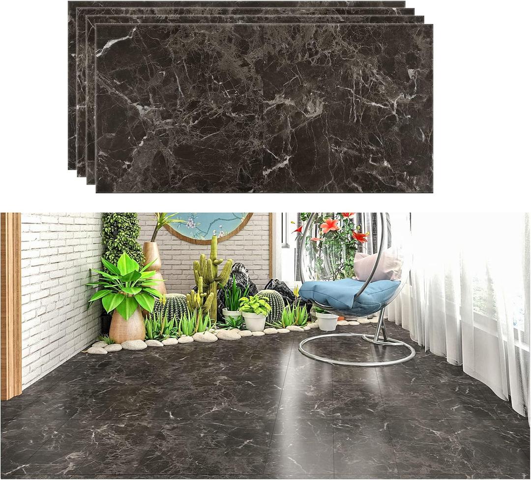 VEELIKE Dark Brown Marble Peel and Stick Floor Tile 12"x24" Marble Vinyl Floor Tiles Peel and Stick Flooring Waterproof Self Adhesive Vinyl Sheet Flooring for Bedroom Kitchen Living Room Renter 4 Pack