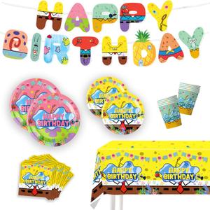 Cartoon Sponge Birthday Supplies, Cute Funny Sea Happy Birthday Tableware for Kid, Party Decoration Supplies with Banner, Tablecloth, Plate, Paper Cup, Napkin