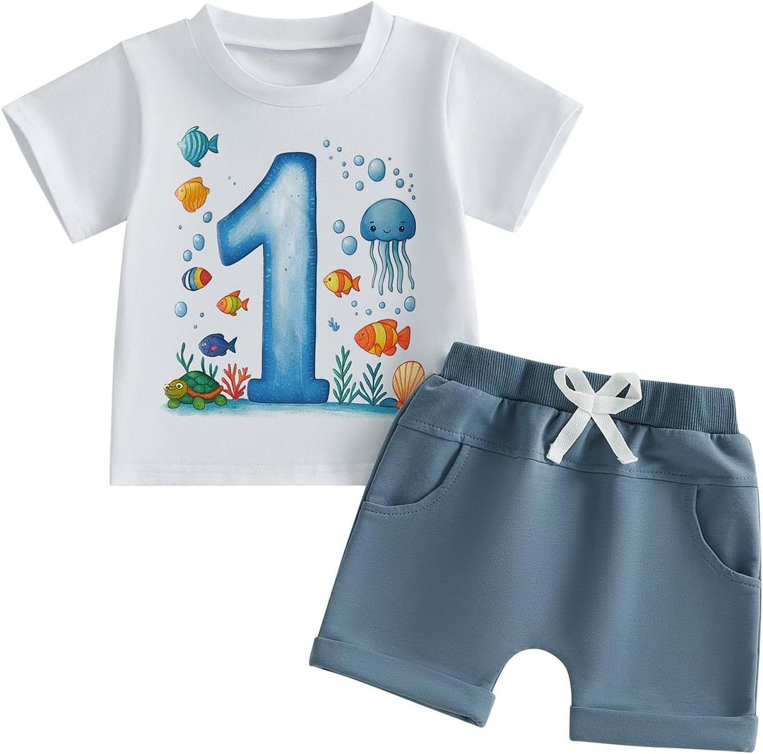 WZTYYDS Baby Boy First Birthday Outfit Number Animal Print Short Sleeve Tops & Shorts Sets 1st Birthday Outfit Summer Clothes (White)