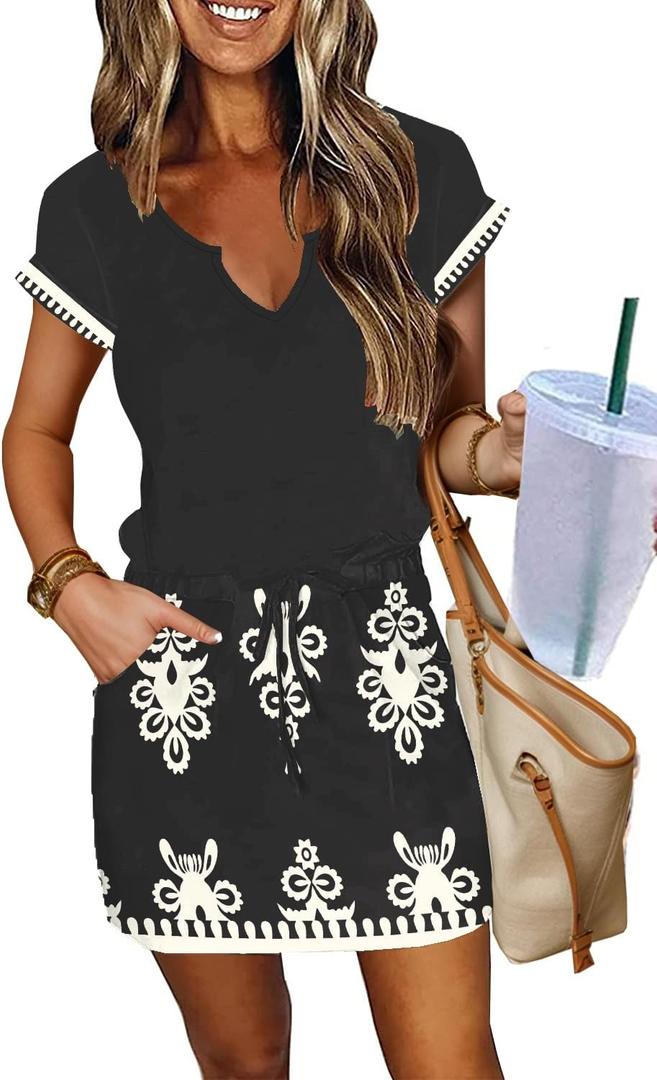 Beach Dress for Women Summer Boho Floral Short Sleeve T Shirt Dresses Casual Cover Ups Flowy Mini Dress, size Large