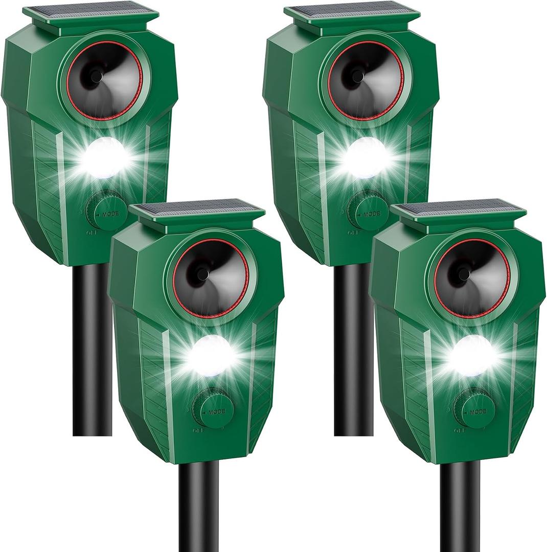 4-Pack Solar-Powered Ultrasonic Animal Repellent, Motion Activated Deer, Raccoon & Cat Deterrent with Flashing LED Light, IP65 Waterproof Outdoor Deer Repellent Devices for Yard Lawn Garden