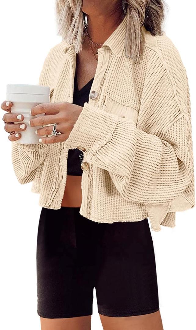 Panadila Women's Cropped Waffle Knit Shacket Short Button Down Jacket Batwing Sleeve Shirts with Pocket (Beige), Small