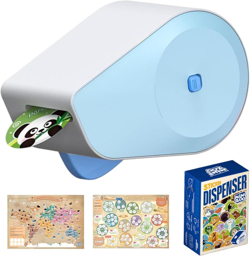 2 x Manual Sticker Dispenser with Animals Stickers and Gold Star Stickers for Kids Rewards-Blue