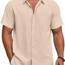 COOFANDY Men's Short Sleeve Button Down Shirts Summer Casual Textured Shirt Vacation Beach Wedding Shirts with Pocket (Beige, M)