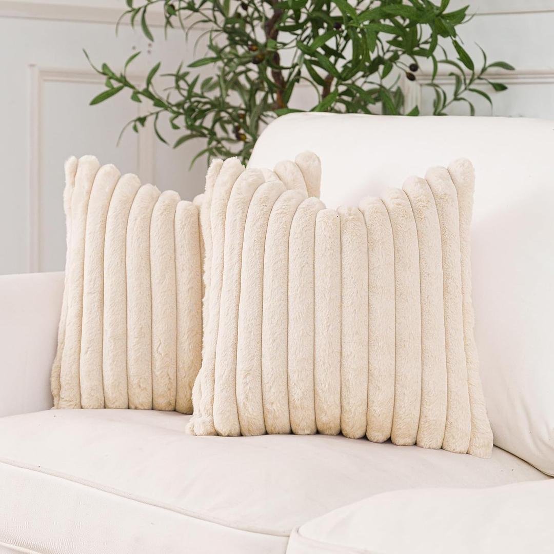 NiNi ALL Faux Fur Plush Throw Pillow Covers Beige 24x24 Inch Set of 2 Decorative Soft Plush Striped Couch Pillow Cover for Sofa Cushion Cases for Couch Bed Home Decor