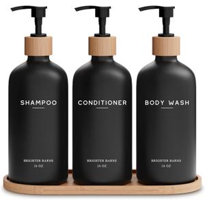 Black Shampoo and Conditioner Dispenser Set by Brighter Barns - Body Wash, Shampoo Dispenser for Shower with Pump - Refillable Plastic Shower Soap Dispenser for Bathroom Decor in Home, Airbnb (Black)