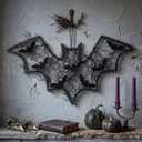 Hotop Bat Shaped Halloween Wreath for Front Door Black Bat Wreath