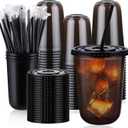 tchrules 100 Set 16oz Plastic Cups with Lids and Straws, Disposable Black Clear Iced Coffee Cup with Lid, Round Bottom Plastic To Go Cups for Cold Drinks Slushie Smoothie Soda Bar Party Shop Supplies