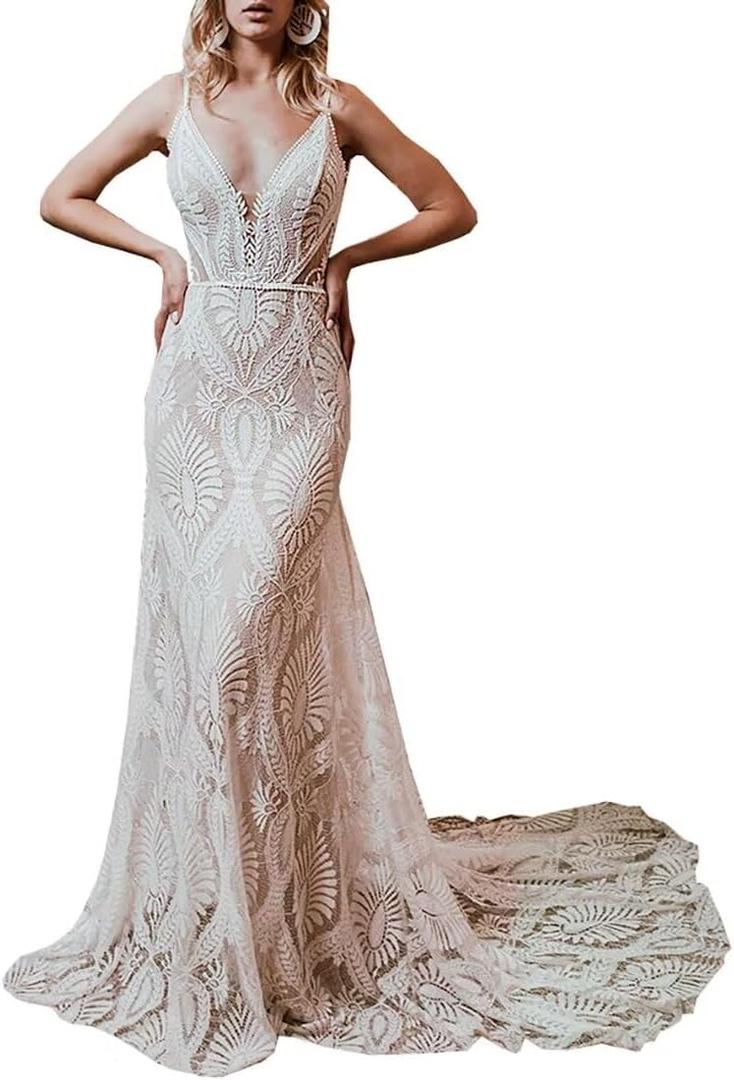 Women's Wedding Dresses Boho for Bride with Long Sleeves Plus Size Lace Beach Bridal Gowns Bohemian Wedding Gowns (White), 8