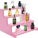 Wooden Perfume Stand for Women 4 Tier Pink Perfume Organizer Stand Perfume Display Shelf & Holder for Womens Dresser & Vanity Desktop Rack for Fragrance Figures Dessert Cupcakes Decoration (Small-9Inch)
