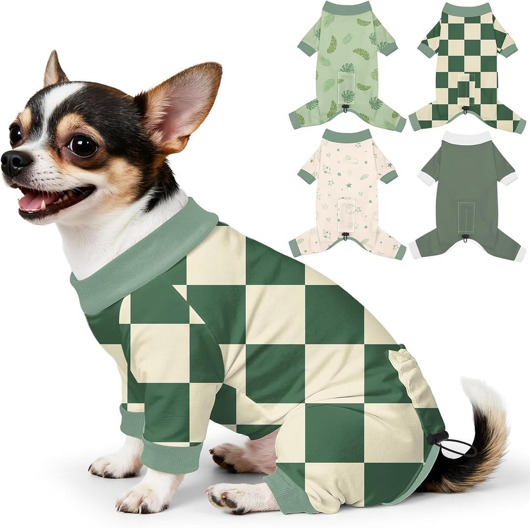 Bienbee Dog Pajamas, 4 Pack Dog Recovery Suit Shedding Suit Cute Soft Puppy Clothes Dogs Pjs Onesies Jammies Adjustable Breathable & Stretchy Clothes for Dogs, Size S