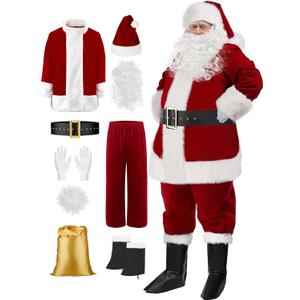 SOMOYA Santa Claus Costume for Men Christmas Santa Suit Deluxe Santa Outfit Plush Velvet 9 Pcs (X-Large, Burgundy)