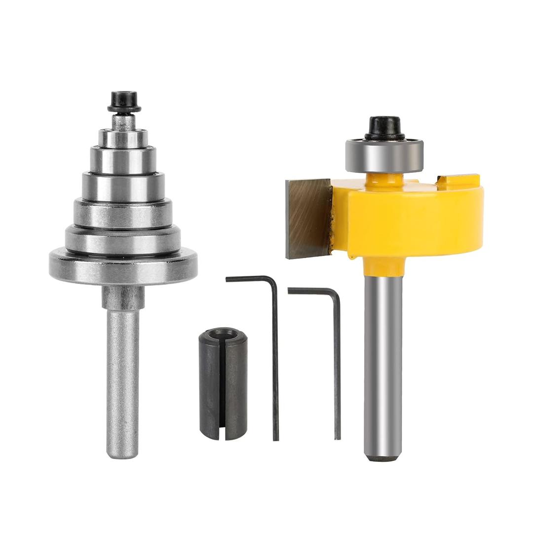 Rabbet Router Bit 1/4 Inch with 6 Bearings,Interchangeable and Adjustable Bearing (Multiple Depths 1/8", 1/4", 5/16", 3/8", 7/16", 1/2") Carbide Tipped Rabbeting Router Bit Set