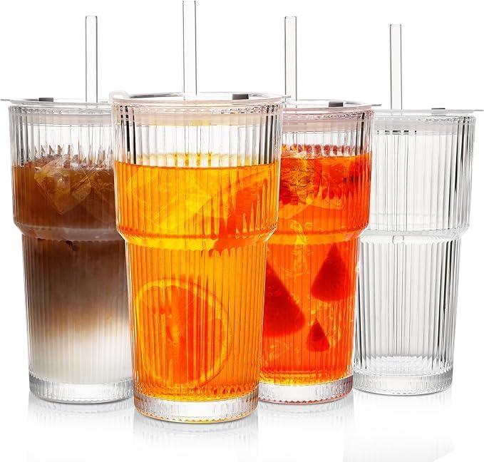 20oz Ribbed Glass Tumblers with Lids and Glass Straws - 4-Piece Set, Thickened for Iced Coffee, Smoothies, Cocktails and Juices - Elegant Durable for Home, Office, Travel (Clear)