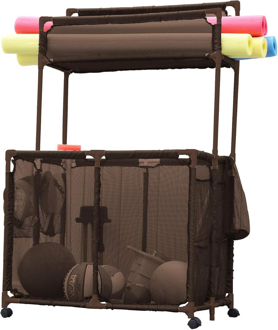 Pool Storage Equipment Organizer Holder - Noodles, Toys, Balls and Floats Mesh Rolling Double Decker Bin, Large with Noodle Rack, (23" L x 35.3" W x 59.4" H), Brown