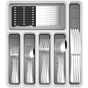 49-Piece Silverware Set with Organizer, Stainless Steel Flatware Utensils Set for 8, Forks and Spoons Silverware Set Cutlery Set with Steak Knives, Dishwasher Safe, Silver