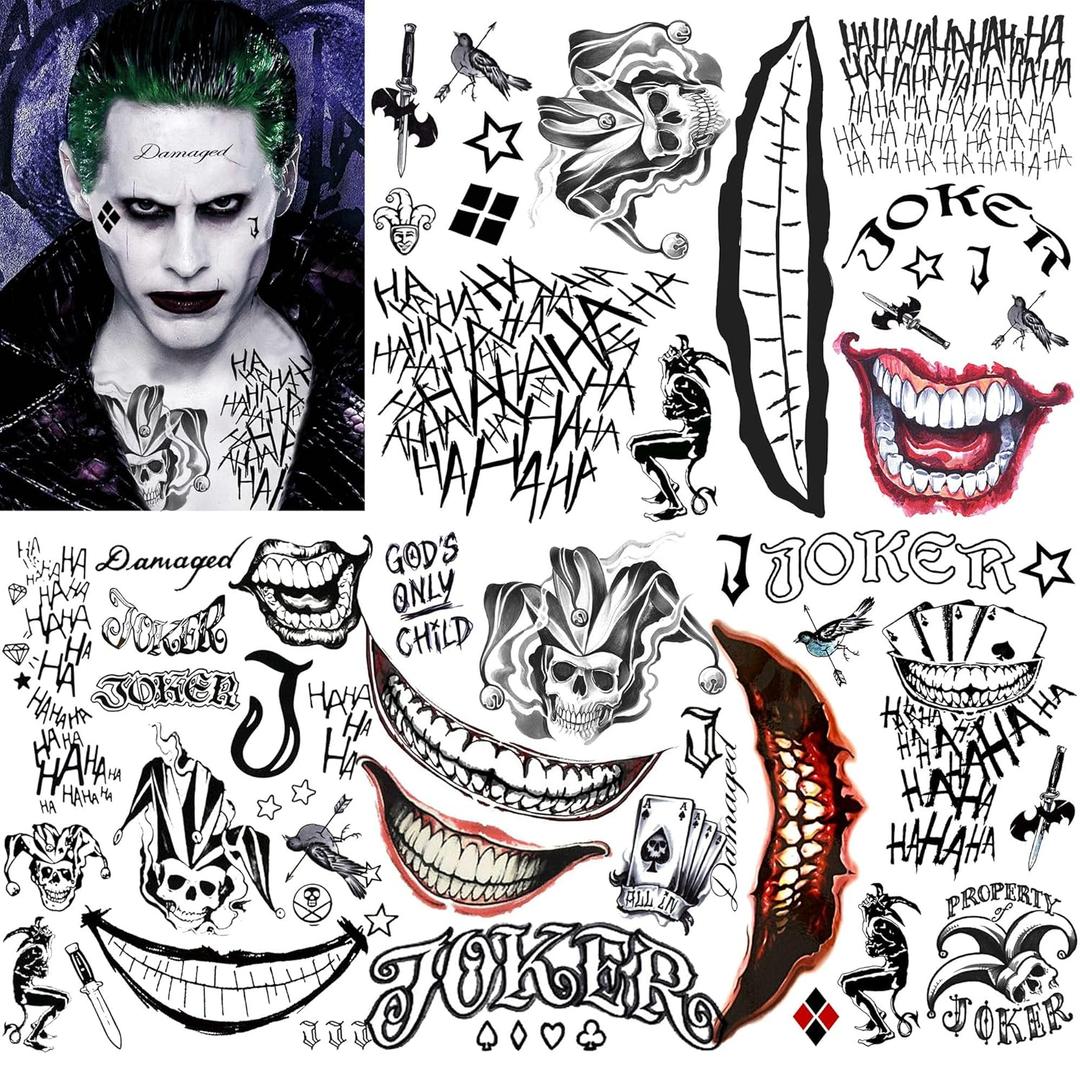 5 Sheets 3D Joker Tattoos Hand Halloween Makeup Kit, Prison Ghost Clown Joker Face Tattoo For Men Women Adults, Scary Prisoner Fake Temporary Tattoo Stickers Halloween Accessory Costume