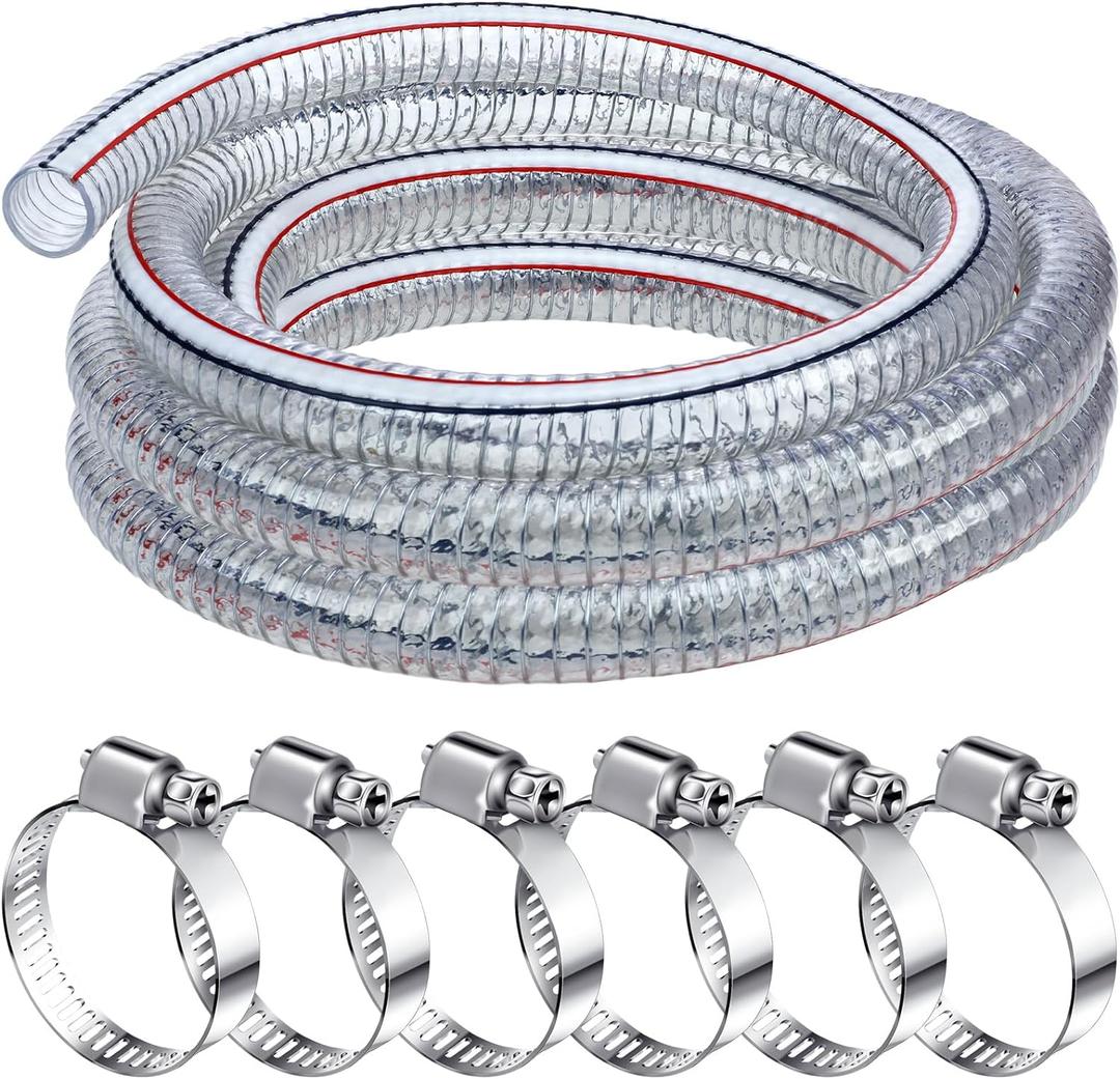 Frienda Heavy Duty Steel Wire Flexible Tubing with Fasteners PVC High Pressure Oil Drain Hose Tube Clear Wire Reinforced for Pond Marine Bilge Pump Garden Pool(10 Ft, 1-1/2 Inch Id)