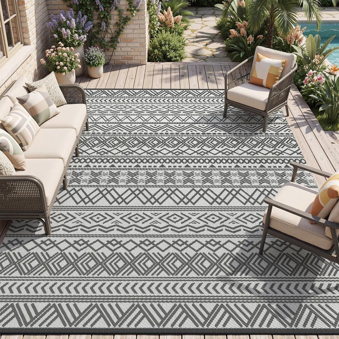 MontVoo Outdoor Rug Carpet Waterproof 9x18 Outdoor Patio Rug Mat Reverisble Plastic Straw Outdoor Rug for RV Camping Picnic Beach Balcony Boho Grey Large