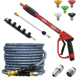5000PSI Pressure Washer Gun and Hose Kit, 25FT Kink Resistant Steel Braided Power Washer Hose with 3/8" Swivel Quick Connector and M22 14mm Adapters Replacement/30" Extension Washer Wand