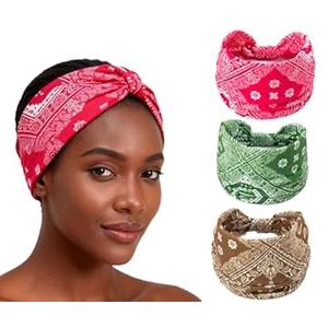 XEF Headbands for Women Bohemian Wide Geometry Pattern Thick Hair Band No Slip Gym Elastic Twist Knot Athletic Headband Sweatbands Fashion Hair Accessories for Teen Girls