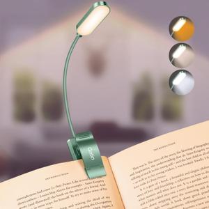 Gritin 16 LED Rechargeable Book Light for Reading in Bed- Eye Caring 3 Color Temperatures, Stepless Dimming Brightness, 80 Hrs Runtime, Lightweight Flexible Clip on Light for Book Lovers-Green