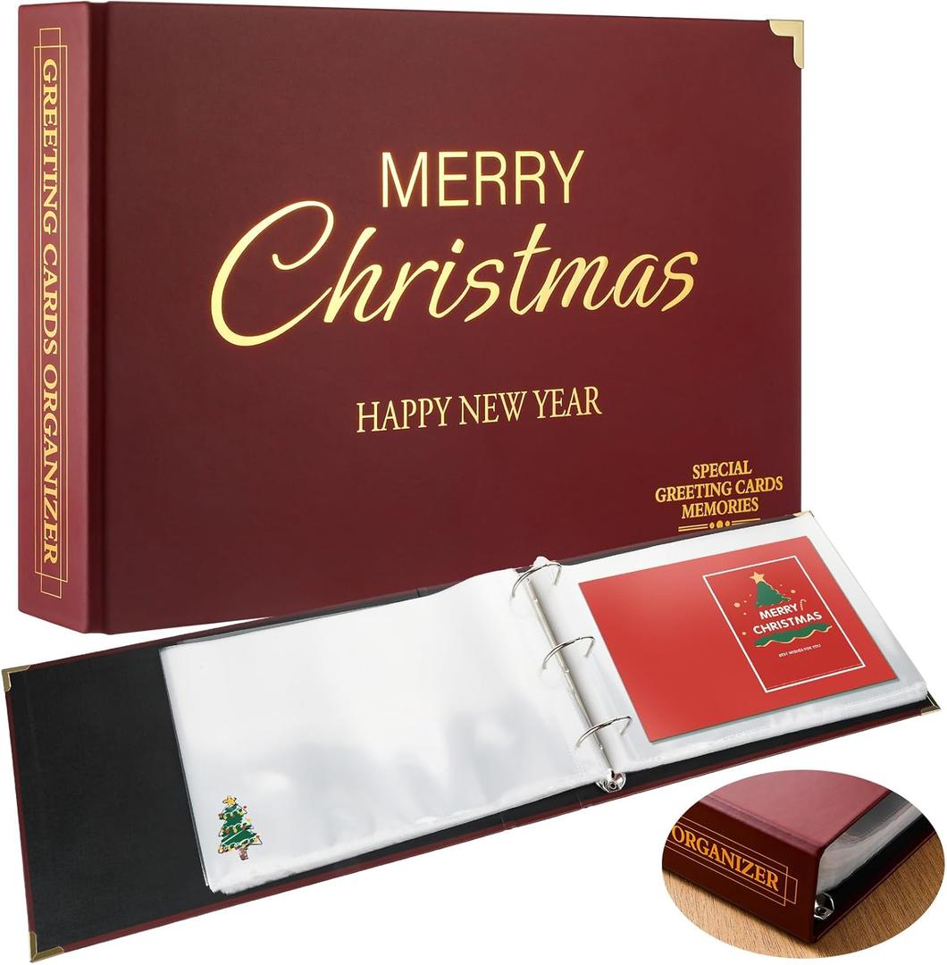 Tenceur Christmas Greeting Card Organizer Set 7 x 10 Inches Photo Postcards Binder Album Christmas Card Holder Book Storage 100 Pages for Birthday Memory Greeting Post Gift