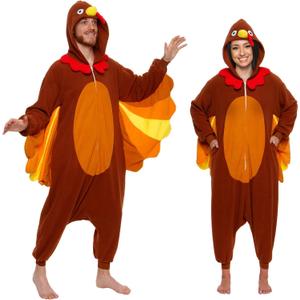 Funziez! Adult Onesie Halloween Costume Animal Dinosaur Shark Unisex Plush One Piece Cosplay Suit for Adults, Men and Women (Small, Brown, Yellow & Orange)