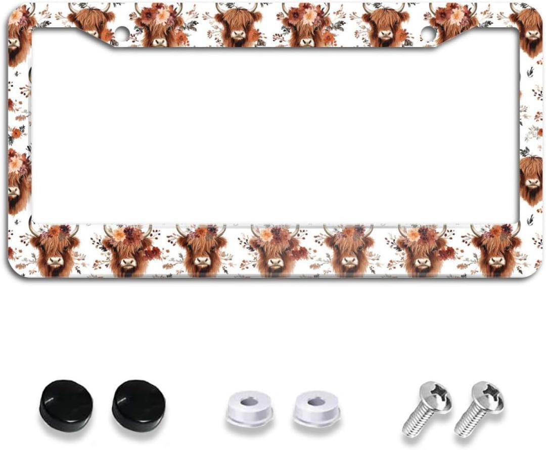 Highland Cow and Floral License Plate Frames Cute Aluminum Car Accessories Cover with 2 Holes and Screws 12 x 6 Inch for Front Rear Car Plate Decor for Women Men