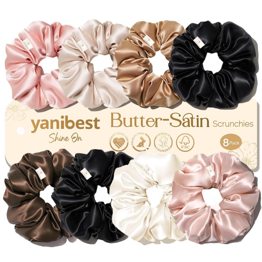 Yanibest 8 Pcs Satin Scrunchies - Silk Scrunchies Ponytail Holders,Soft Satin Hair Ties No Damage,Hair Accessories for Women (BlushBlack)