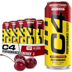 C4 Energy Carbonated Zero Sugar Energy Drink, Pre Workout Drink + Beta Alanine, Midnight Cherry, 16 Fl Oz (Pack of 12)