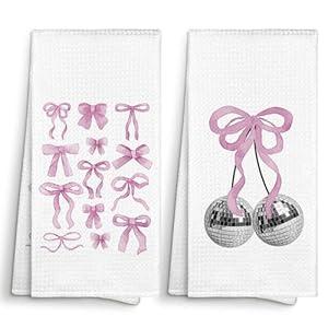 MONALET Pink Trendy Coquette Bow Preppy Kitchen Towels Decorative, Retro Disco Ball Dish Towel Cloths Tea Towel for Teen Girls Dorm Room, Aesthetic Bathroom Kitchen Dishcloths Hand Towel Decor 16x24