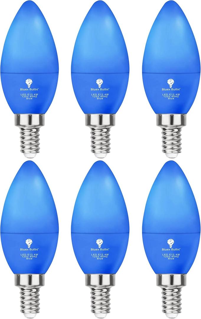 6 Pack BlueX LED Blue Light Bulb - 4W (40Watt Equivalent) - E12 Base Blue LED Bulb, Party Decoration, Porch, Home Lighting, Holiday Lighting, Chandelier Light Bulbs, Candelabra Bulbs
