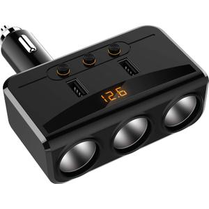 LIHAN 3 Socket Cigarette Lighter Adapter, Car Charger Plug Splitter with Dual USB Ports, 12V/24V Meter Monitor, Compatible with iPhone, LG, HTC, Samsung etc (Large)