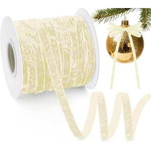 Chuangdi Ivory Velvet Ribbon 3/8" x 40 Yards White Crushed Velvet Ribbon with Wooden Spool Vintage DIY Christmas Ornaments for Wrapping Wreath Bow Xmas Tree Decoration Gift