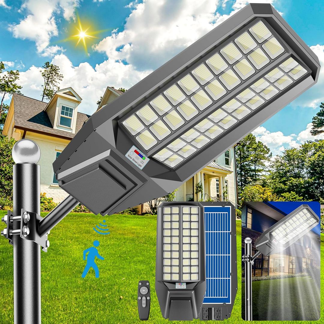 10000W Solar Street Light - 600000 Lumens, Dusk-to-Dawn, Waterproof, Ideal for Commercial & Outdoor Parking Lots - Energy-Efficient Solar-Powered, (Black)