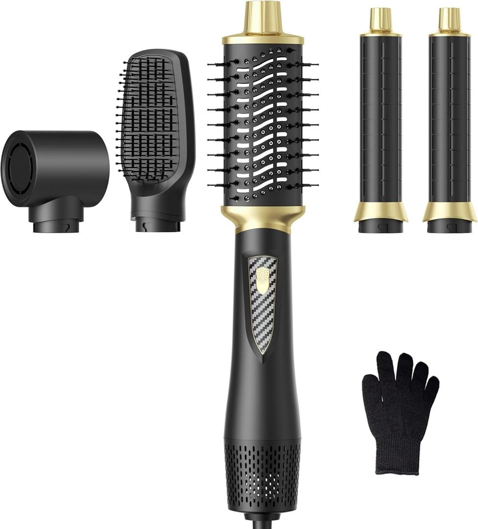 Atopskins 5 in 1 Blow Dryer Brush Set, 1000W Professional Hot Air Styler, Ionic Hair Dryer Brush, 3 Heat Settings, Auto Curling, Fast Drying, Ideal Hair Styling Tools Gift for Women (Black Gold)