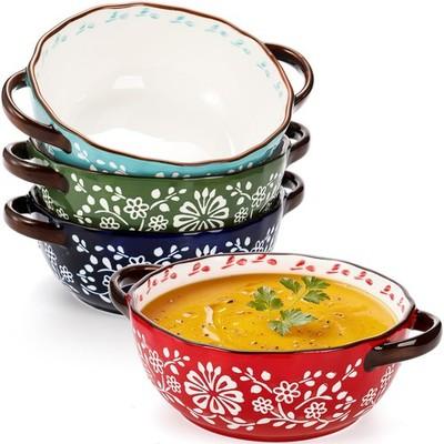 Mezchi 4 Pack Ceramic Soup Bowls with Handles, 24 Oz French Onion Crocks, Assorted Stackable Serving Bowl for Chili, Soup, Stew, Cereal, Microwave and Oven Safe, 4 Color