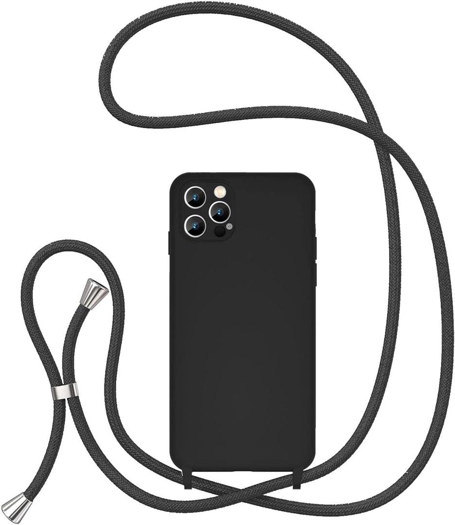 UEEBAI Crossbody Lanyard Phone case for iPhone 13 Pro Max, Silicone Phone Cover with Adjustable Necklace Strap Soft Belt Neck Cord Lanyard Shockproof Protective Case - Black