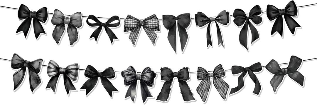 2Pcs Black Bow Party Garland Banner  Black Bow Banner 9.8ft Long Hanging Bunting with 16 Bows Pattern (5.9-7.1in Tall) for Birthday Parties, Graduation, Baby Shower, Bridal Shower & Wedding Decor