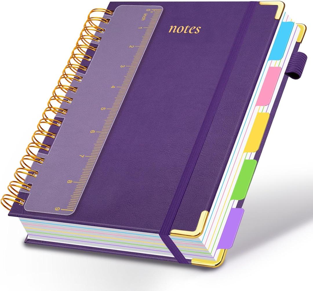Hardcover Spiral Notebook 8"x10" Journal Notebook with Tabs and Removable Dividers 300 Pages 5 Subject Notebook College Ruled, Faux Leather Spiral Bound Notebook for Women School Work (Purple)